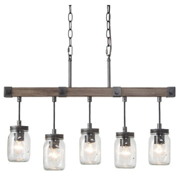 LNC 5-Light Farmhouse Mason Jar Glass and Wood Linear Kitchen Island Chandelier