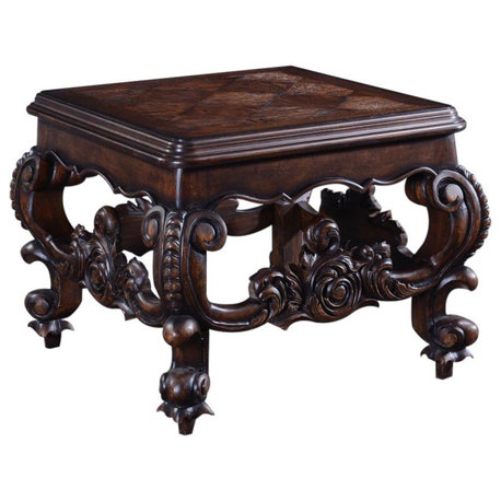 End Table Baroque Rococo Carved Wood, Distressed Walnut, Oak Parquet