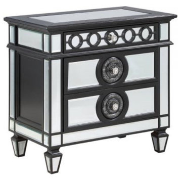 Elegant Nightstand, Mirrored Design With Unique Accents & Drawers, Black/Silver