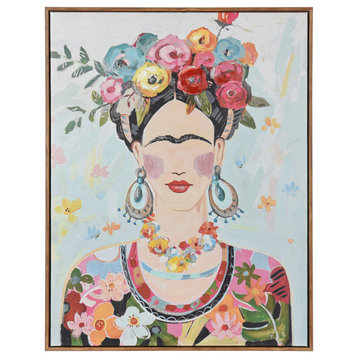 Boho Frida Acrylic Hand Painted Lady Portrait Wall Art Natural Wood Frame