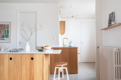 ナントにある高級な中くらいなトランジショナルスタイルのおしゃれなキッチン (シングルシンク、インセット扉のキャビネット、淡色木目調キャビネット、白いキッチンカウンター) の写真