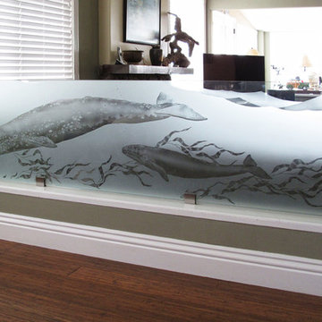 "Migrating Grey Whales" Etched Glass Room Divider Panel