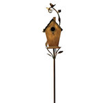 Zaer Ltd - Antique Copper Saran Birdhouse Stake "Holly" - Adorn your front lawn, walkway, or garden with our new collection of Antique Copper Saran Birdhouse Stakes. Skillfully crafted from durable metal and hand painted with an Antique copper finish, this collection includes four beautifully constructed birdhouses with intricate designs and small bird details, each perched atop a sturdy three prong garden stake. The "Holly" Birdhouse Stake features a tall pentagonal shaped birdhouse with A-frame.