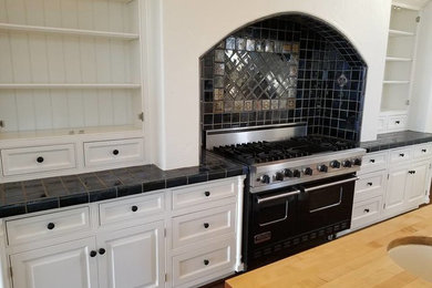 Inspiration for a large transitional u-shaped medium tone wood floor and brown floor enclosed kitchen remodel in Los Angeles with a farmhouse sink, raised-panel cabinets, white cabinets, wood countertops, black backsplash, ceramic backsplash, paneled appliances, an island and brown countertops