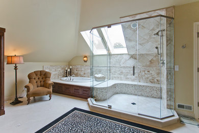 Bathroom - large traditional master beige tile and white tile bathroom idea in Chicago with raised-panel cabinets, medium tone wood cabinets, beige walls and an undermount sink