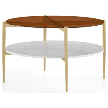 Elegant Coffee Table, Golden Legs With Brown Glass Top & Faux Marble Open Shelf
