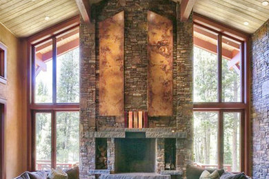 Squaw Valley Stone Fireplace with Copper Accents.