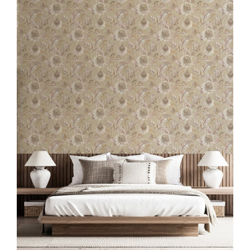 Jacobean Style Floral Non Woven Wallpaper, Blush Coral, Double Roll