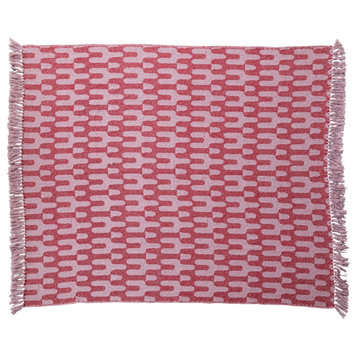 Woven Cotton Throw Blanket With Patterns and Fringe, Red and Pink