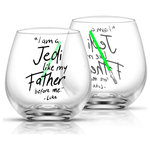 JoyJolt - Star Wars Luke Skywalker Green Lightsaber Stemless Drinking Glass 15 oz Set of 2 - MAY THE FORCE BE WITH YOU with these stemless drinking glasses. These double sided designed glasses featuring your favorite Star Wars character's commemorating Darth Vader, Obi-Wan Kenobi, and Luke Skywalker while featuring some of their most memorable quotes. These are perfect for everyday use or entertaining friends and family. Each set comes in a set of 2 and is made of premium quality, crystal clear, lead-free stemless glass. These drinking glasses have a unique design that is a perfect addition to your home and the upscale packaging makes this a perfect gift idea for weddings, anniversaries, holiday parties Star Wars fans and any other festive occasion.