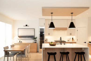 Inspiration for a scandinavian single-wall light wood floor eat-in kitchen remodel in Other with white backsplash, stainless steel appliances, an island and white countertops