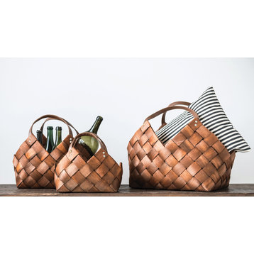 Brown Woven Seagrass Baskets With Leather Handles