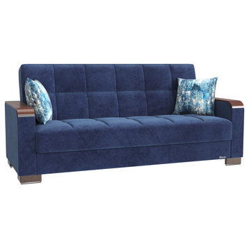 Modern Sleeper Sofa, Wood Accented Arms, Blue Microfiber