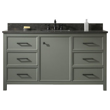 60" Blue Finish Single Sink Vanity Cabinet, Carrara White Top, Pewter Green