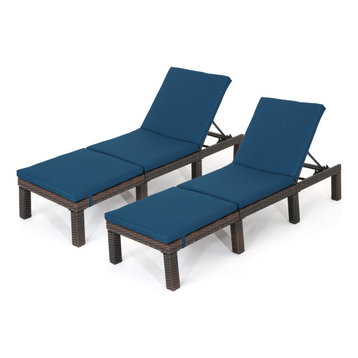 GDF Studio Joyce Outdoor Wicker Chaise Lounge With Cushion, Blue, Set of 2