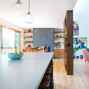 インディアナポリスの中サイズのコンテンポラリースタイルのLDKの画像 (白い壁、無垢フローリング、標準型暖炉、タイルの暖炉まわり、茶色い床)