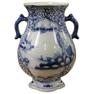Chinese Blue White Porcelain Scenery Graphic Flower Shape Vase Hws727