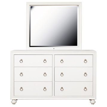 Home Fare Framed Wood Dresser Mirror with LED Lighting in White Finish