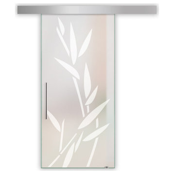 Glass Sliding Barn Door with various Full-Private Frosted Designs, 32"x81" Inches, T-Handle Bars