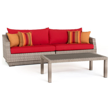 Cannes 2 Piece Sunbrella Outdoor Patio Sofa and Deluxe Outdoor Coffee Table Set, Red