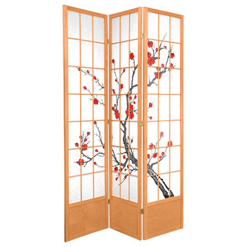 Traditional Room Divider, Rice Paper With Cherry Blossom Print, Yellow/3 Panels