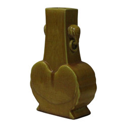 Handmade Chinese Ceramic Distressed Yellow Outline Graphic Vase - Vases
