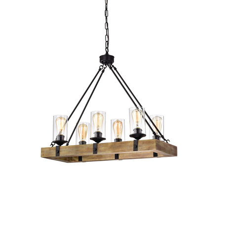 6-Light Matte Black and Vintage Wood Farmhouse Linear Chandelier Clear Glass