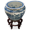 15 Inch Blue and White Porcelain Canton Scenery Oriental Fishbowl Planter, Without Stand