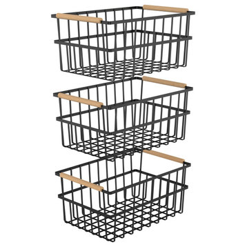 Oceanstar Metal Wire Organizer Bin Basket with Handles, Set of 3, Black