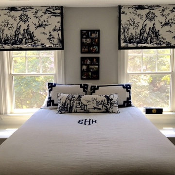 Chinoiserie -- roman shades, lumbar pillow, greek key linens