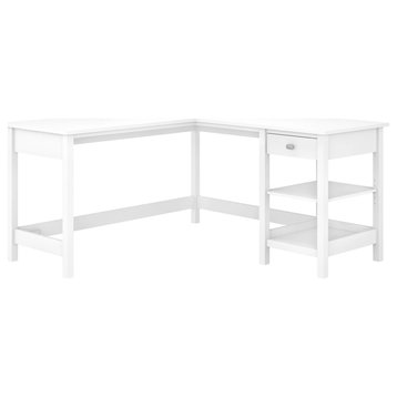 Contemporary Corner Desk, Spacious Open Shelves & Drawer With Chrome Pull, White