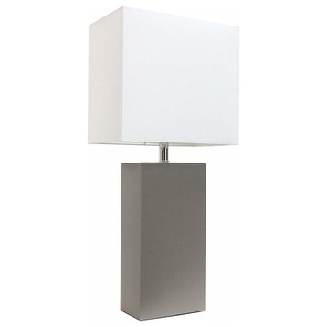 Elegant Designs Modern Leather Table Lamp With White Fabric Shade, Gray