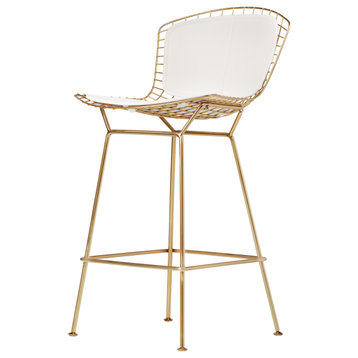 Bertoia Style Stool, Champagne Gold and White Leather, Bar Height