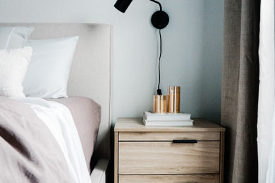 Ejemplo de habitación de invitados minimalista de tamaño medio sin chimenea con paredes blancas, suelo de madera oscura y suelo marrón