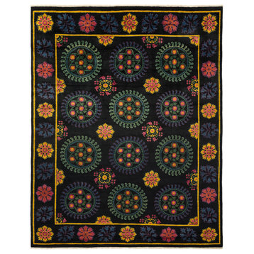 Suzani, One-of-a-Kind Hand-Knotted Area Rug Black, 9'1"x11'4"