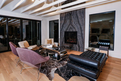 Example of a mid-sized minimalist open concept light wood floor and exposed beam living room design in Salt Lake City with white walls, a standard fireplace and a stone fireplace