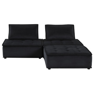 Anna Velvet 3-Piece Sectional Sofa Ottoman, Black