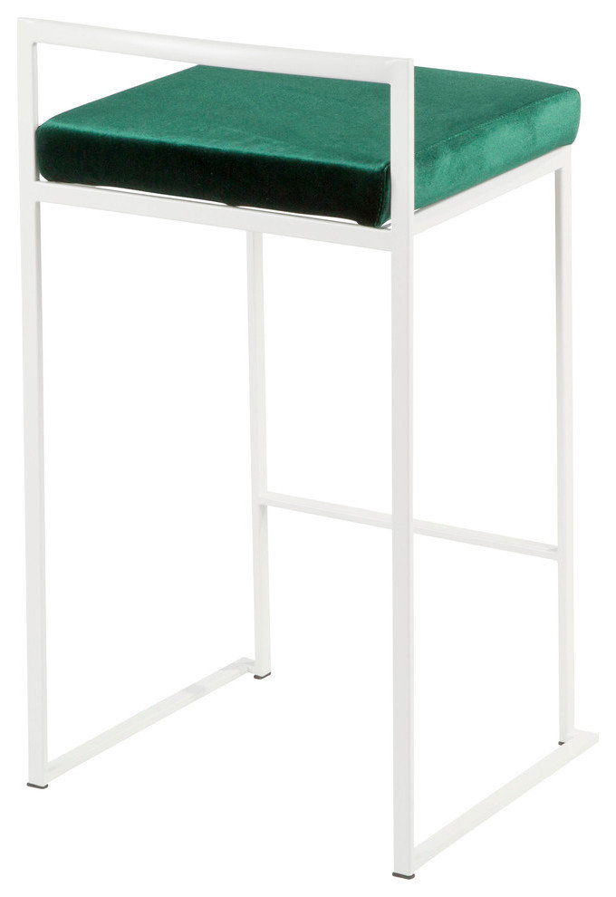 LumiSource Fuji Counter Stool Set of 2, Green Velvet Cushion, White Frame