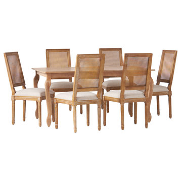 Fernleaf Fabric Upholstered Wood and Cane Expandable 7-Piece Dining Set, Natural Brown/Beige