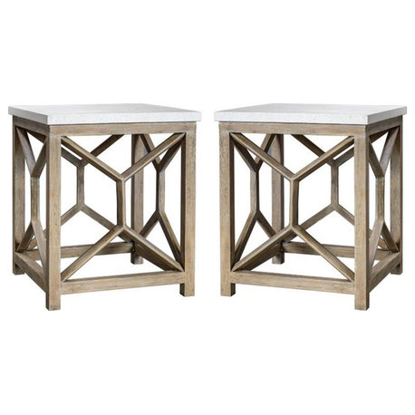 Home Square 22" Square Stone Top End Table in Ivory and Oatmeal - Set of 2