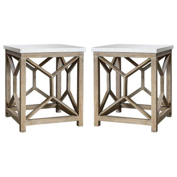 Home Square 22" Square Stone Top End Table in Ivory and Oatmeal - Set of 2