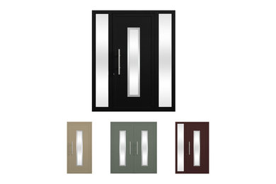 Imagen de puerta principal minimalista de tamaño medio con paredes blancas, puerta pivotante y puerta negra