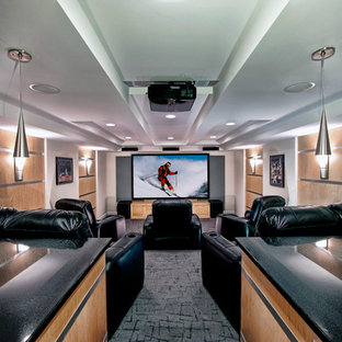 Design ideas for a contemporary enclosed home cinema in DC Metro with white walls, carpet and a projector screen.