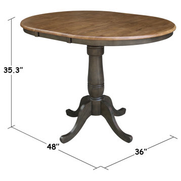 36" Round Top Pedestal Table With 12" Leaf, Hickory/Washed Coal, 35.3" High
