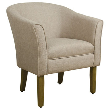 Fabric Upholstered Wooden Accent Chair With Barrel Style Back, Cream And Brown