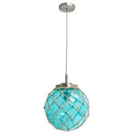 Elegant Designs - Elegant Designs  Buoy Netted Brushed Nickel Coastal Ocean Sea Glass Pendant with - If you have that lovely beach house, condo, or rental you&#39;re looking to decorate, check out this nautical hanging pendant suited for your coastal decor! The aqua glass ball is netted in a natural rope hanging from a clear cord that can be adjusted to the desired height of your ceiling. This pendant&#39;s brushed nickel canopy offers a sleek bit of detail that is perfectly complimentary to the overall lighting style. Hang this pendant in your bedroom, living room, foyer, bar area or even dining room. Features