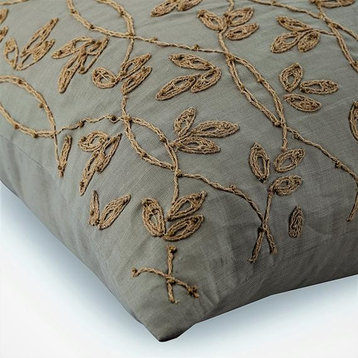 Grey Pillow Cover, Taupe Jute Leaf Garden 26"x26" Silk, Looking at Jute