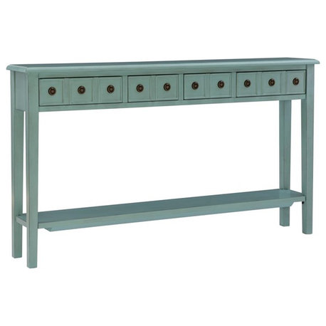 Linon Sadie Long Console Table with 4 Drawers and Shelf in Distressed Teal Wood