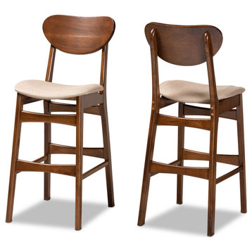 Katya Mid-Century Sand Upholstered and Brown Finished Wood 2-Piece Bar Stool Set