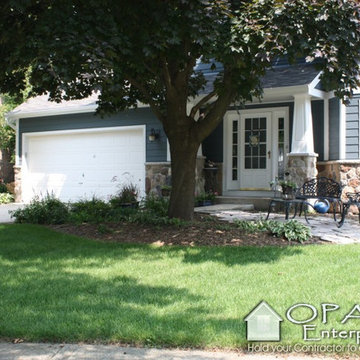 Front View: Stone, White Columns, James Hardie Evening Blue & Arctic White